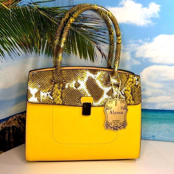 ALYSSA Vegan Leather Yellow Satchel Crossbody Bag Purse w Snakeskin Print NWT - Picture 1 of 9
